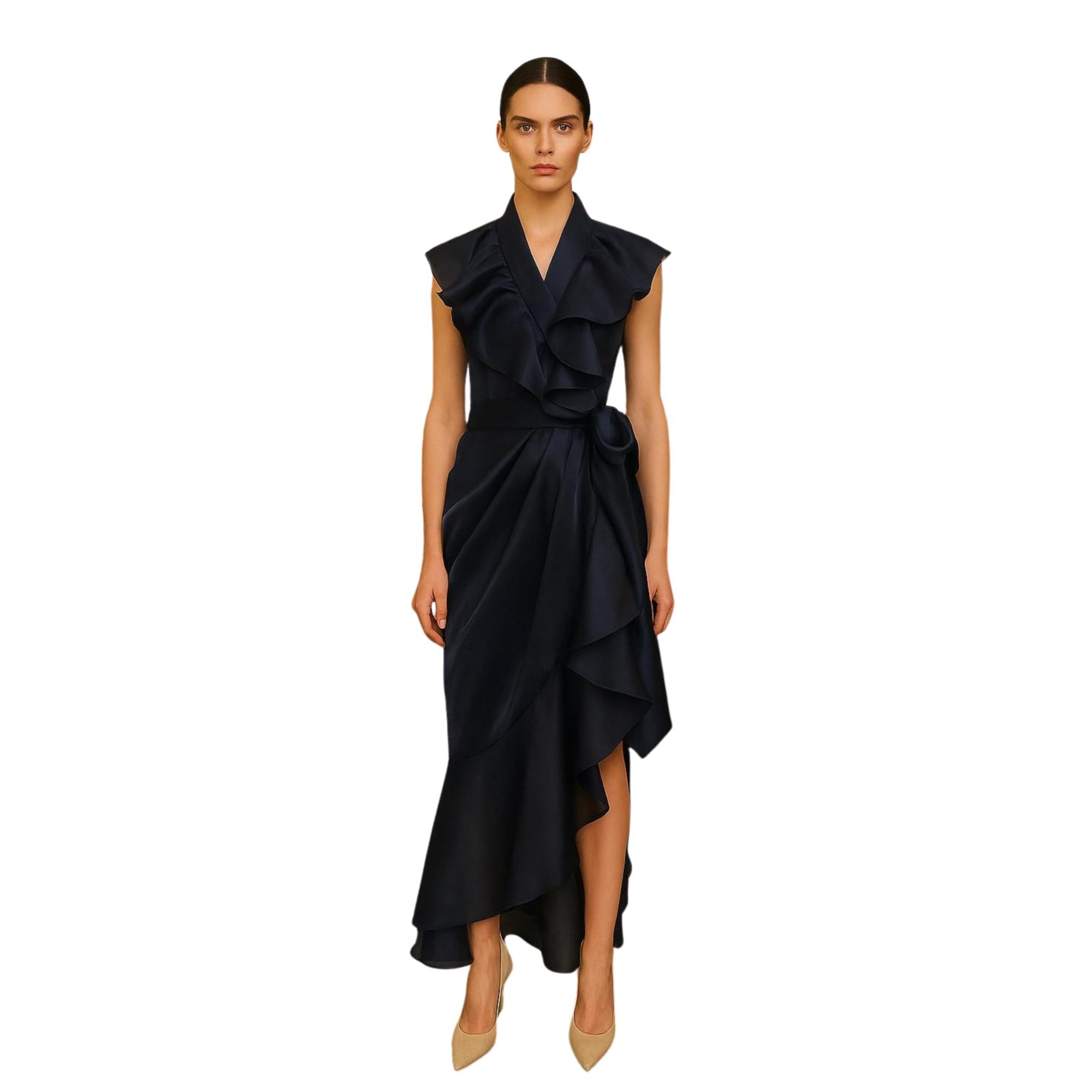 Prisella Navy Blue Glazed Organza Ruffle Gown for Women | Luxury Designer Western Dress | Asymmetrical Indo for Wedding, Cocktail, Birthday & Evening (in, Alpha, Regular, Navy Blue)