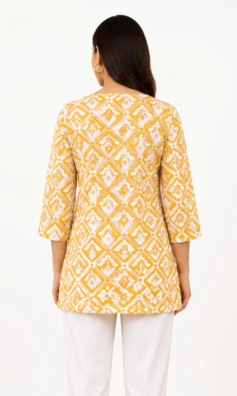 Women's Cotton Cambric Printed Short Kurti | Regular Fit | 3/4 Sleeve | Casual Ethnic Top (in, Alpha, Regular, Yellow) - Image 5