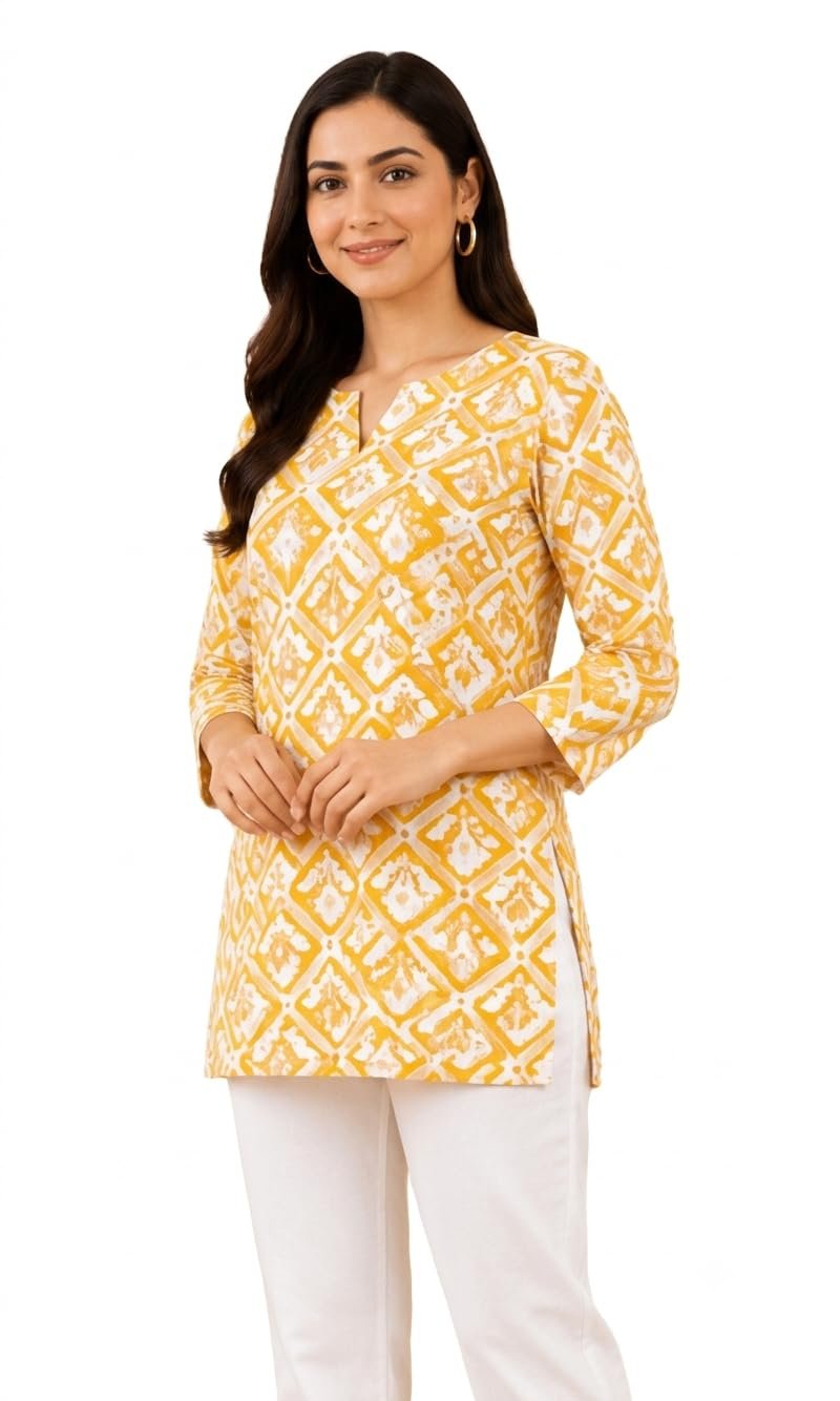 Women's Cotton Cambric Printed Short Kurti | Regular Fit | 3/4 Sleeve | Casual Ethnic Top (in, Alpha, Regular, Yellow) - Image 3