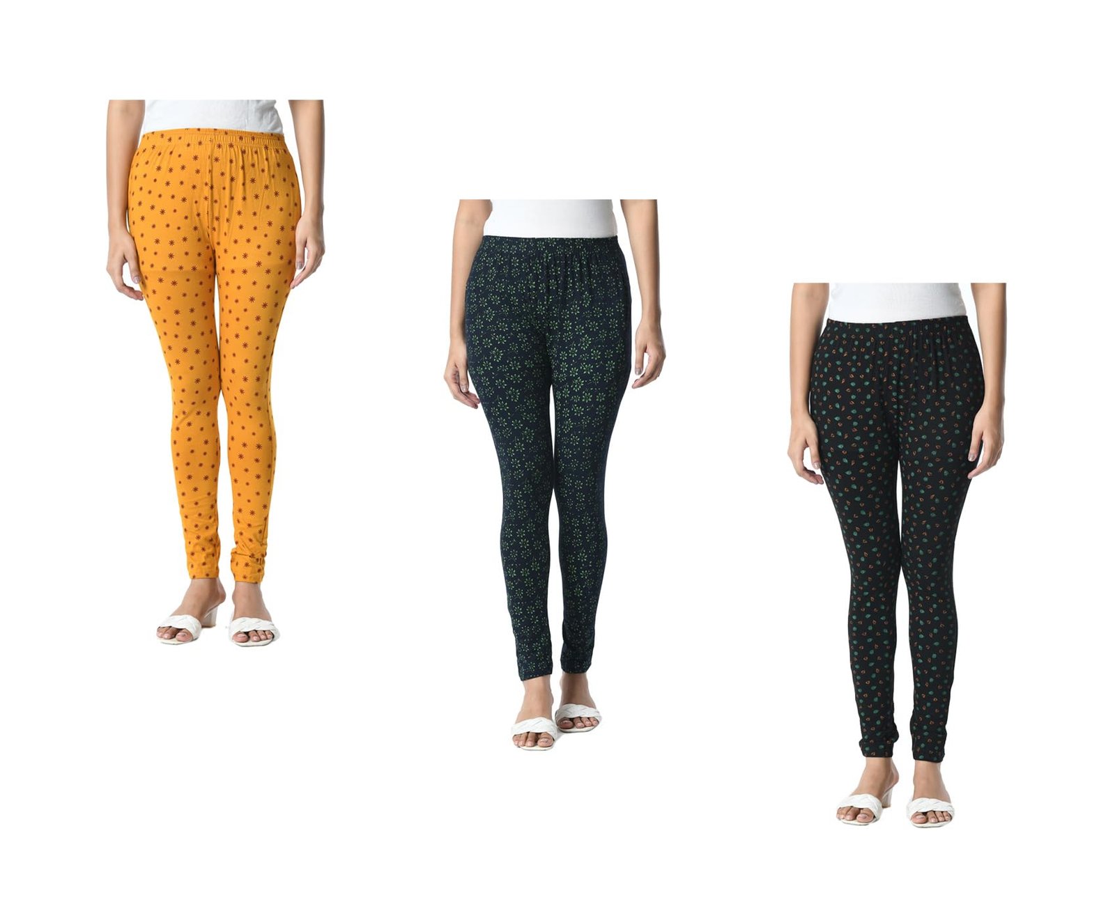 Women Cotton Printed Slim Side Pocket Leggings Pants (Pack of 3) Mustard,Bottle Green,Black2