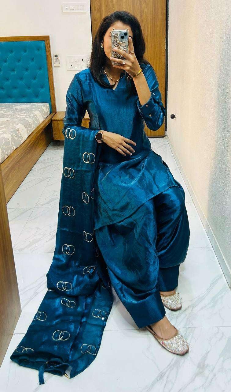 Women's Fendi Silk Solid Muslim Straight Kurti with Pant and Dupatta Set (Blue) - Image 6
