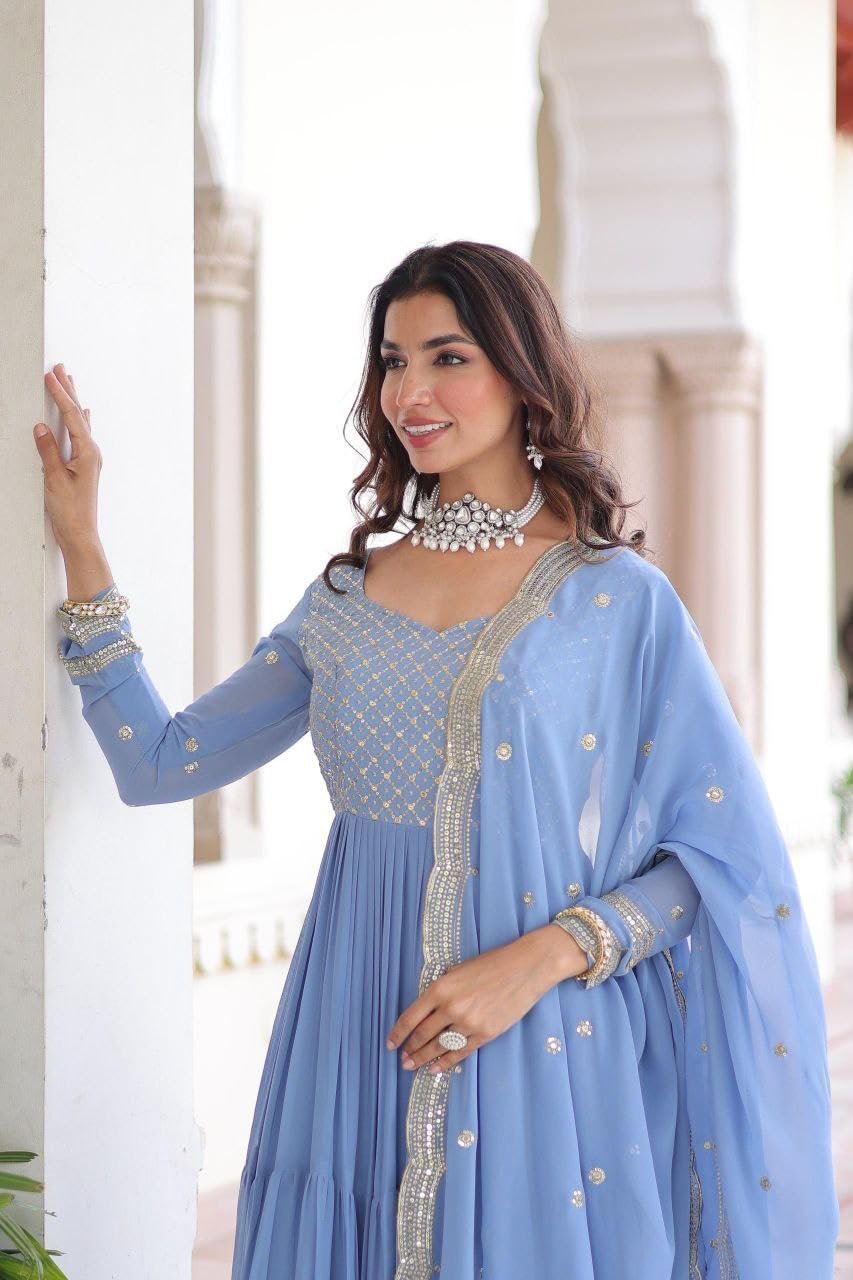 Forteo Fashion Women Traditional Anarkali Dress, Faux Georgette Floor Length Gown with Silver Embroidered Yoke, Gown, (in, Alpha, Regular, Sky) - Image 4