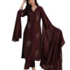 MAA KRUPA Women Silk V Neck 3/4 Sleeve Kurti with Pant & Dupatta Set | Elegant Ethnic Wear Kurta Set for Women (IN, Alpha, MORNI6-BROWN)
