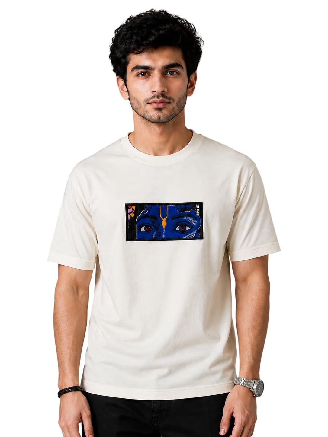 Men’s Pure Heavy Cotton T-Shirt with Embroidery Graphic Design, Premium Crew Neck Half Sleeve Regular Fit Casual Streetwear Tee for Men (in, Alpha, Off White)
