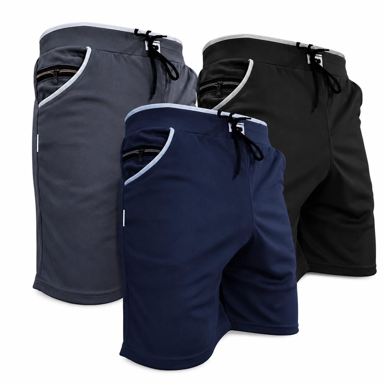 Men's Sports Shorts Combo Pack of 3, Black, Grey & Blue