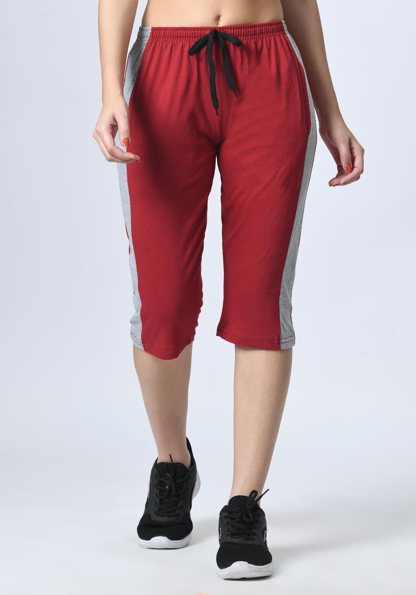 Women Solid Cotton Side Patta Capri 3/4th Leggings (Pack of 3) Silver,Maroon,Navy Blue - Image 3