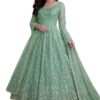 Women Fandy Silk Anarkali Gown Set with Dupatta and Pant | Embroidery Thread Sequins Work Ethnic Outfit | Fully Stitched Sea Green