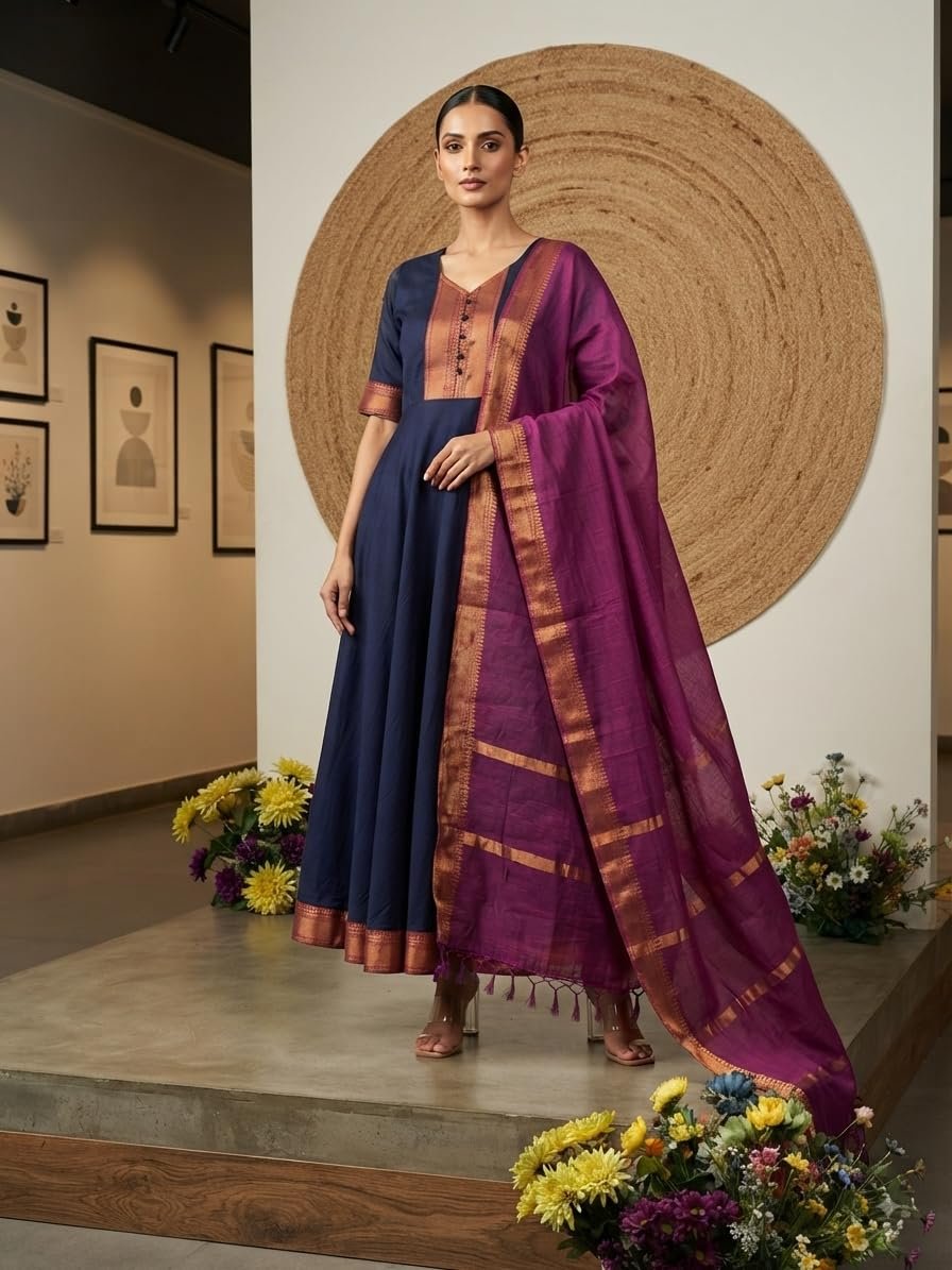 Women's Beautiful Kanchi Cotton with Jacquard Less with Embroidery Gownn & Dupatta Set Anarkali Gown3/4 Sleeve with Less Ethnic Gown and Dupatta Set Gown (in, Alpha, Regular, Women, Blue) - Image 4
