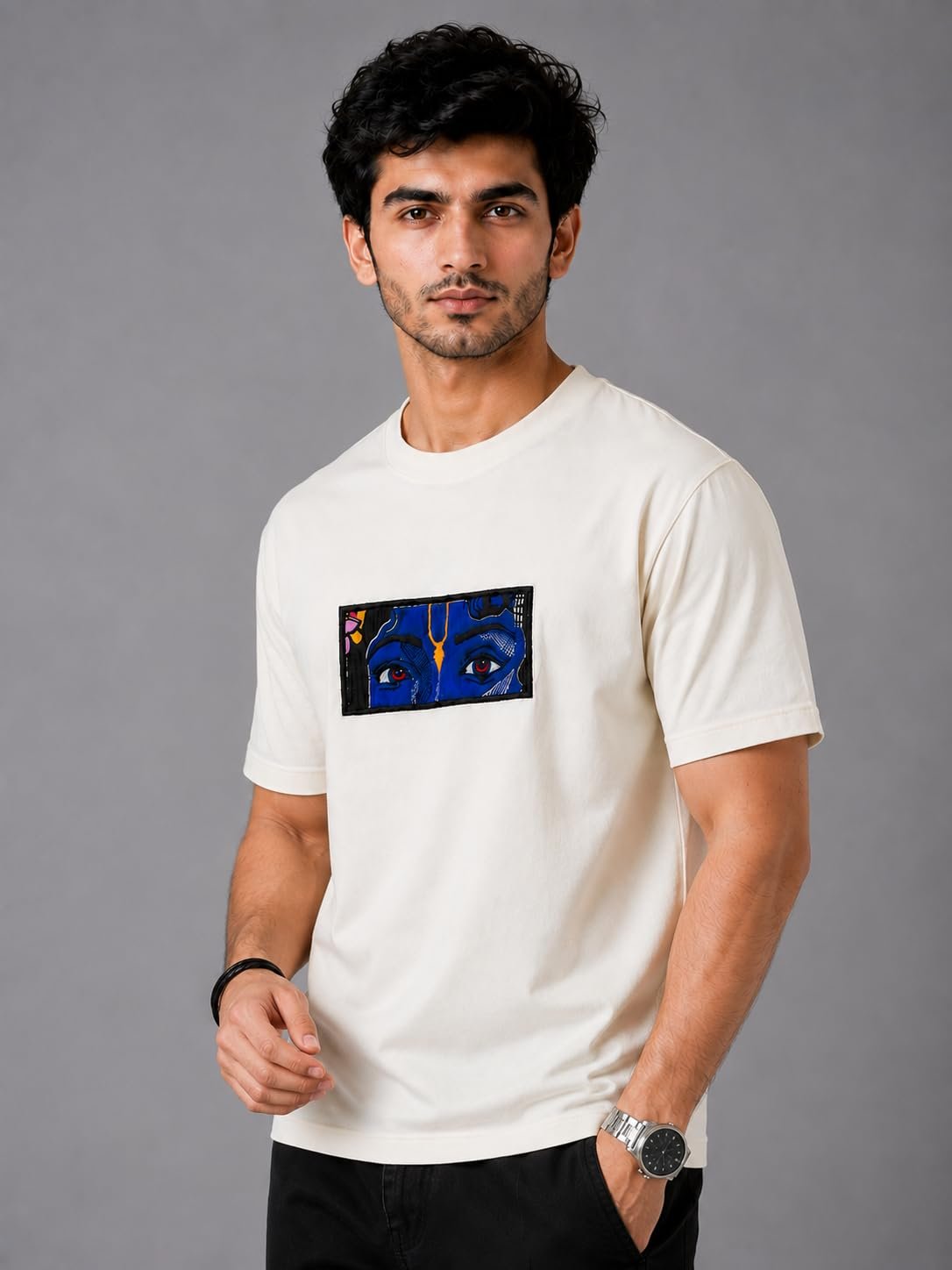 Men’s Pure Heavy Cotton T-Shirt with Embroidery Graphic Design, Premium Crew Neck Half Sleeve Regular Fit Casual Streetwear Tee for Men (in, Alpha, Off White) - Image 7