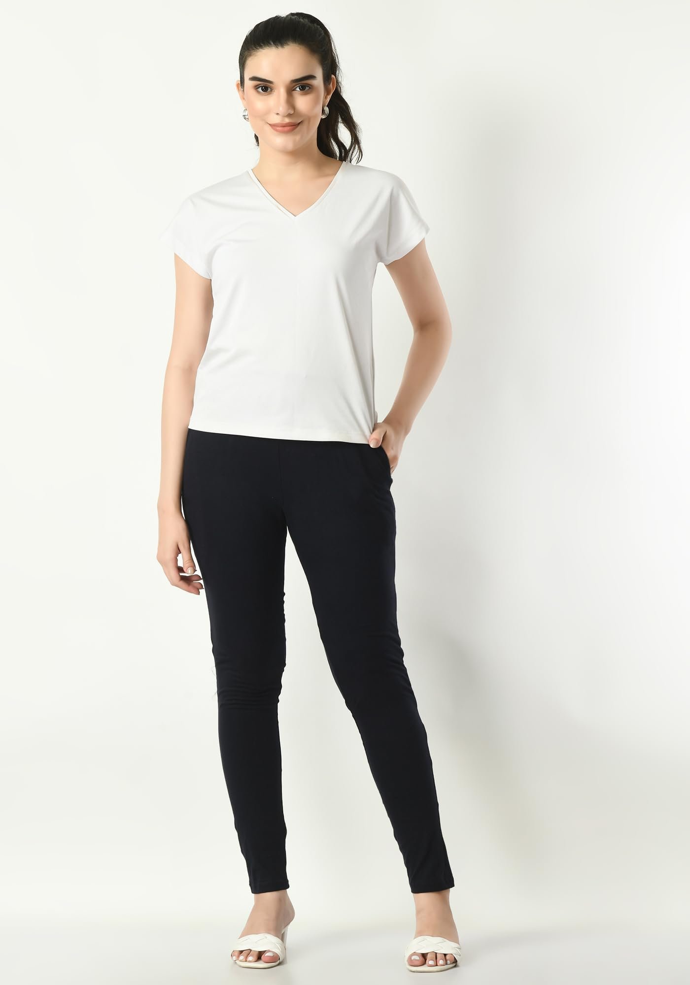 Womens Solid Side Pocket Soft Cotton Stretchable Leggings (Pack of 2) Navy Blue,Mehndi - Image 2