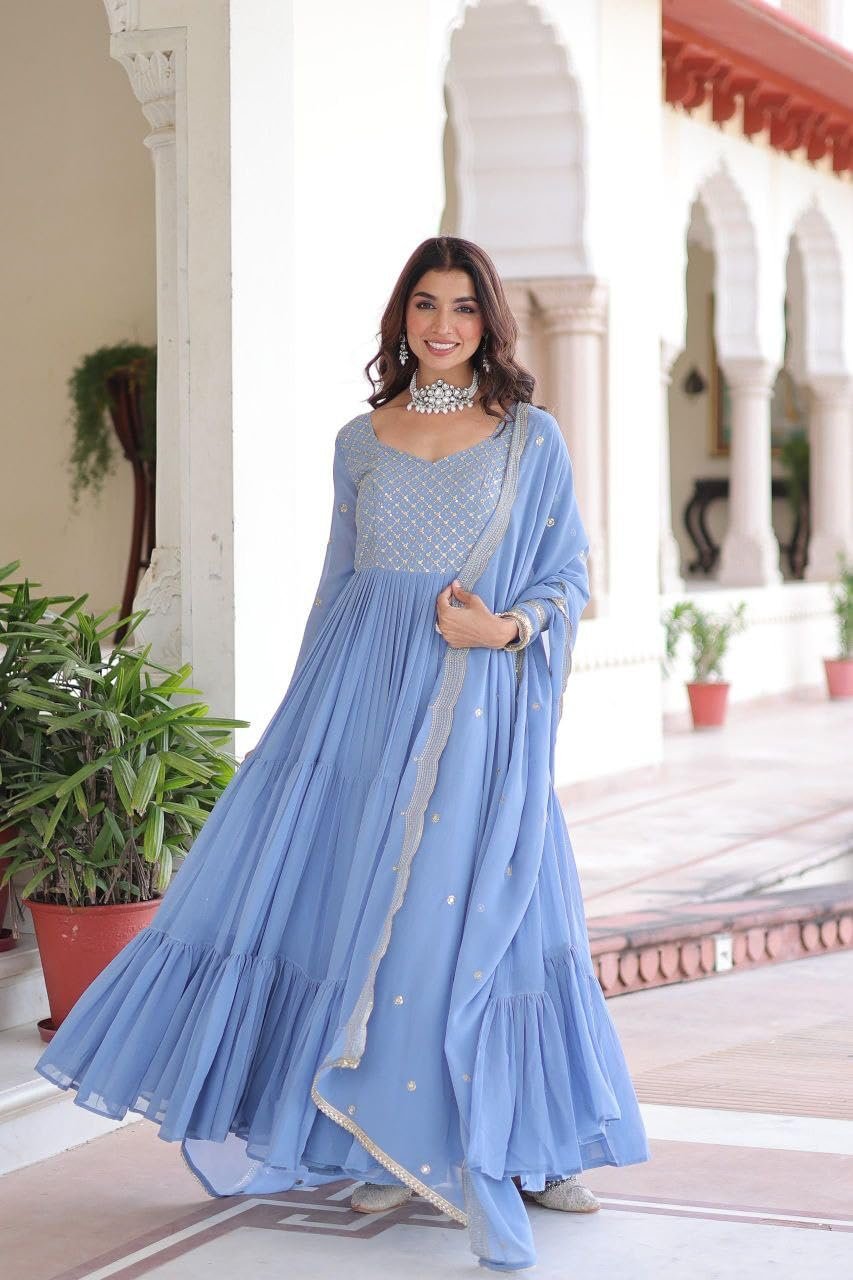 Forteo Fashion Women Traditional Anarkali Dress, Faux Georgette Floor Length Gown with Silver Embroidered Yoke, Gown, (in, Alpha, Regular, Sky)