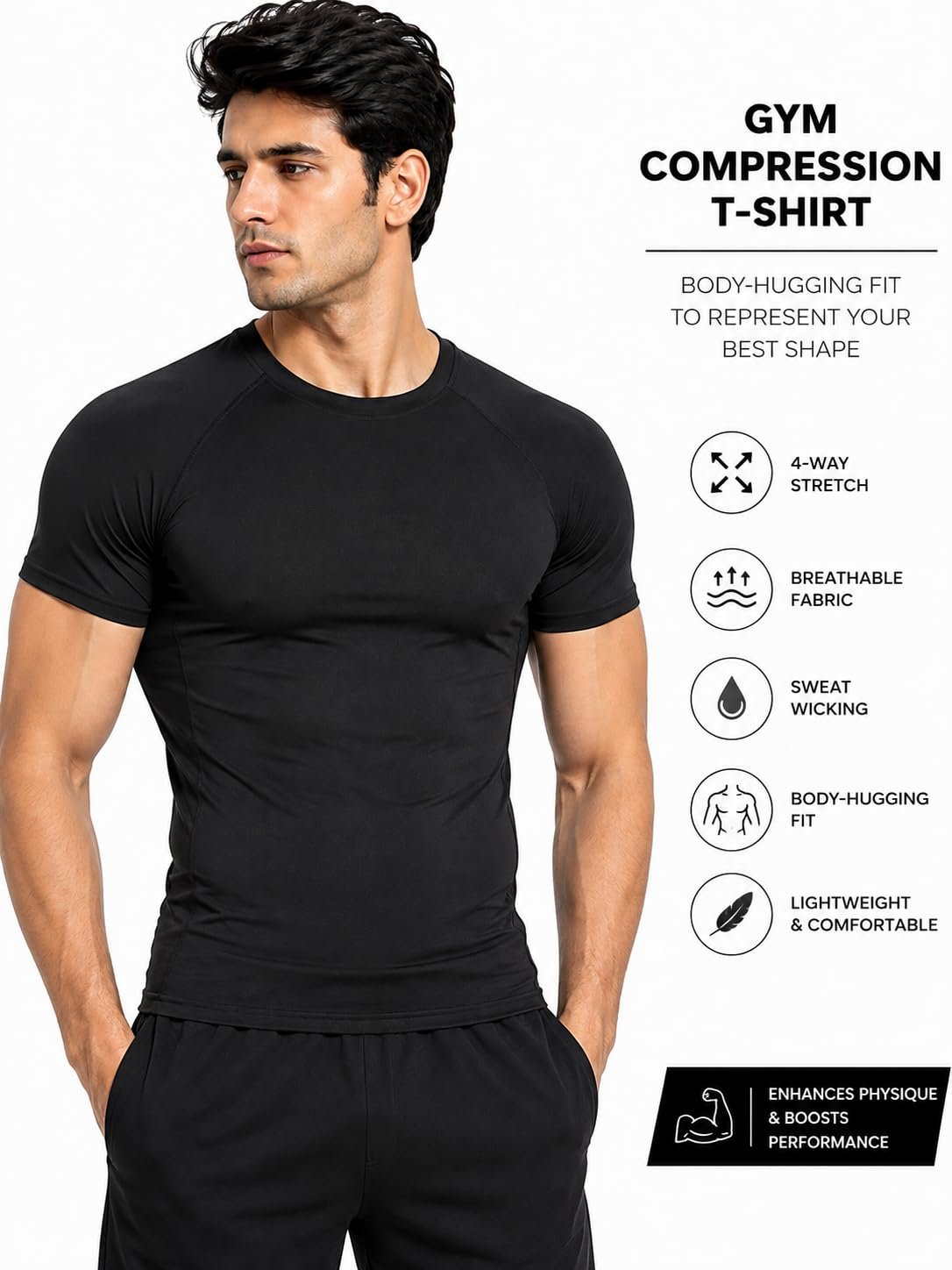 Men's Half Sleeve Compression Gym T-Shirt Dry Fit Black - Image 2