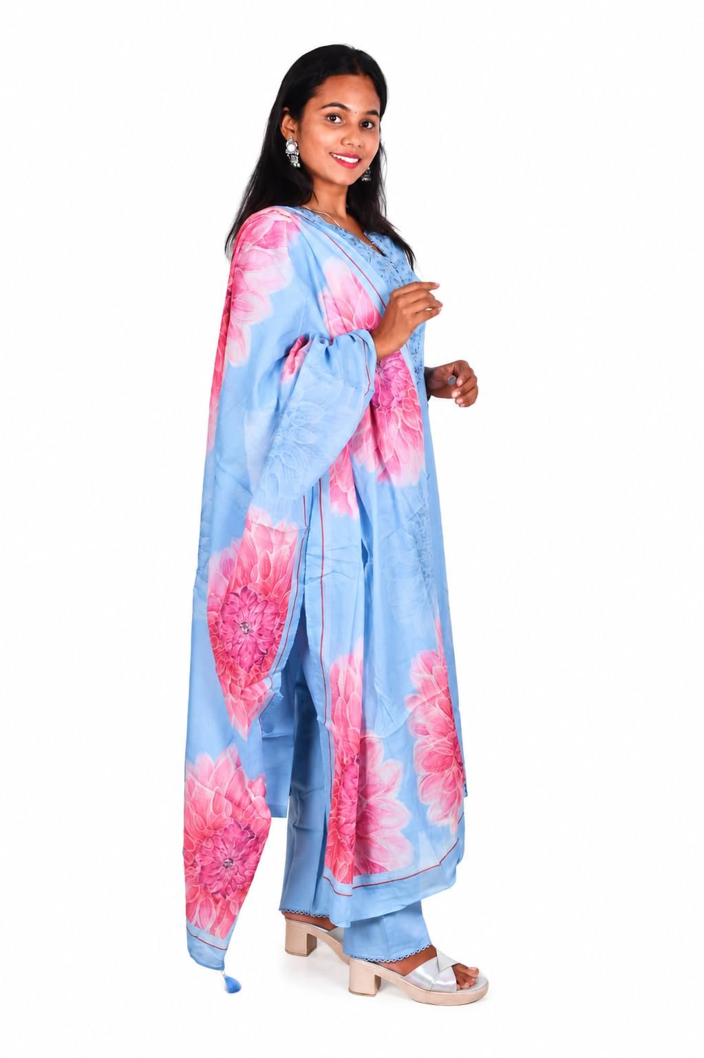 Sky Blue Pure Cotton Kurti Set with Artisanal Embroidery & Handcrafted Floral Dupatta|AYA FASHION - Image 3