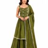 Women's Olive Green Anarkali Gown with Dupatta, Floral Embroidery
