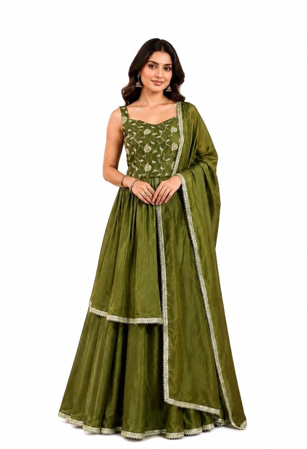 Women's Olive Green Anarkali Gown with Dupatta, Floral Embroidery
