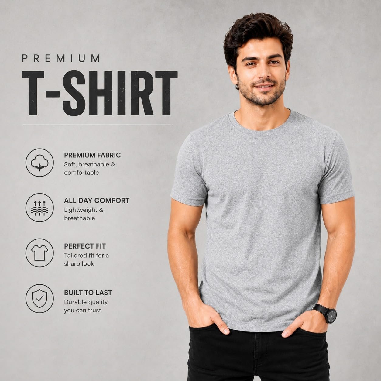 Cotton Blend T-Shirt for Mans, Classy Look Regular Fit Half Sleeve, Solid Plain Men T-Shirt, Light Grey (in, Alpha, Regular, 1) - Image 4