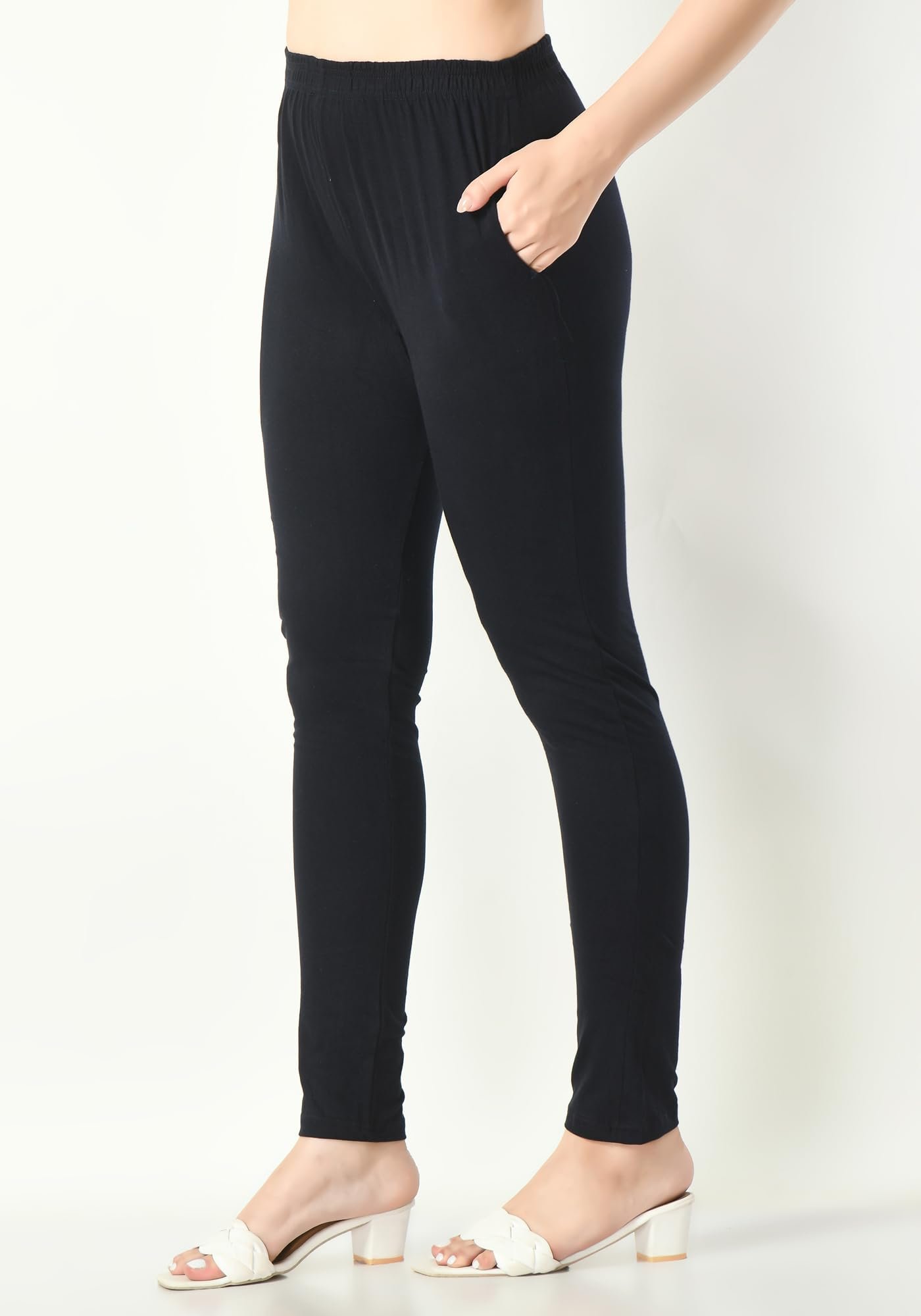 Womens Solid Side Pocket Soft Cotton Stretchable Leggings (Pack of 2) Navy Blue,Mehndi - Image 6