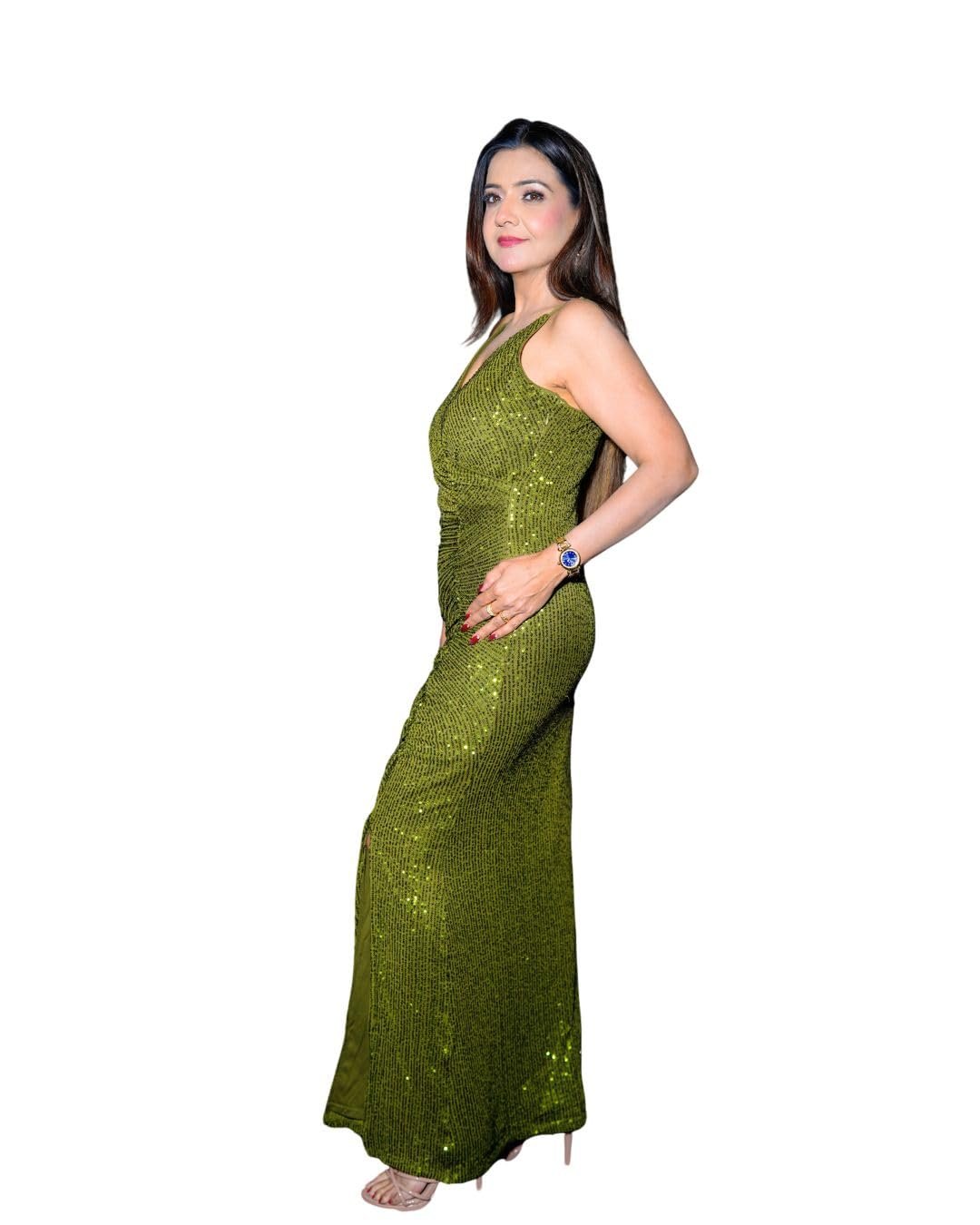 Women's Olive Green Sequin Maxi Gown with Front Slit - Image 2