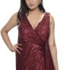Khyati Women's Maroon Sequin Bodycon Gown, Sleeveless Full-Length Cocktail Dress, V-Neck with Front Slit, 1XL