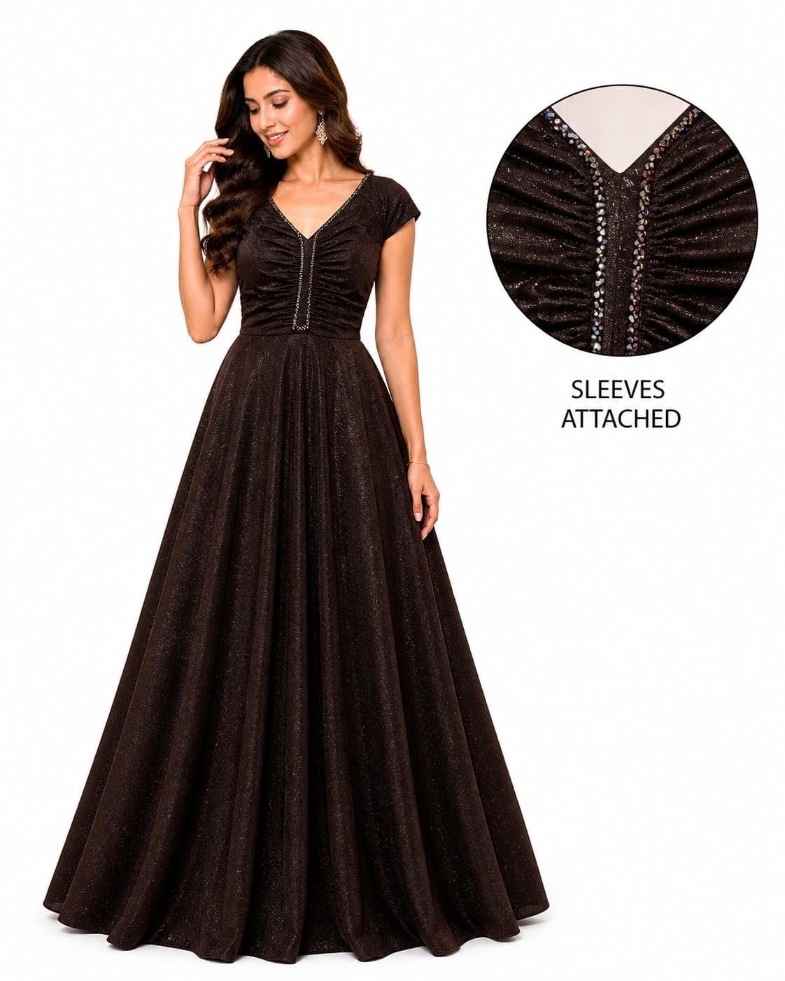 Women's Sparkly Sequin Evening Gown - V-Neck, Sleeveless, A-Line Long Maxi Dress with Short Sleeves for Receptions, Weddings & Parties (Brown) - Image 2