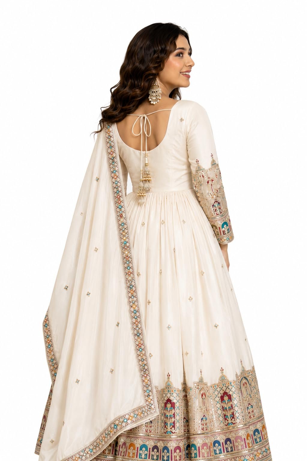 Girl's Fashion Hub's Navy Blue Color Anarkali Gown with Dupatta, Gold Embroidery, Ethnic Wear for Women (in, Alpha, 3XL, Regular, Off White) - Image 2