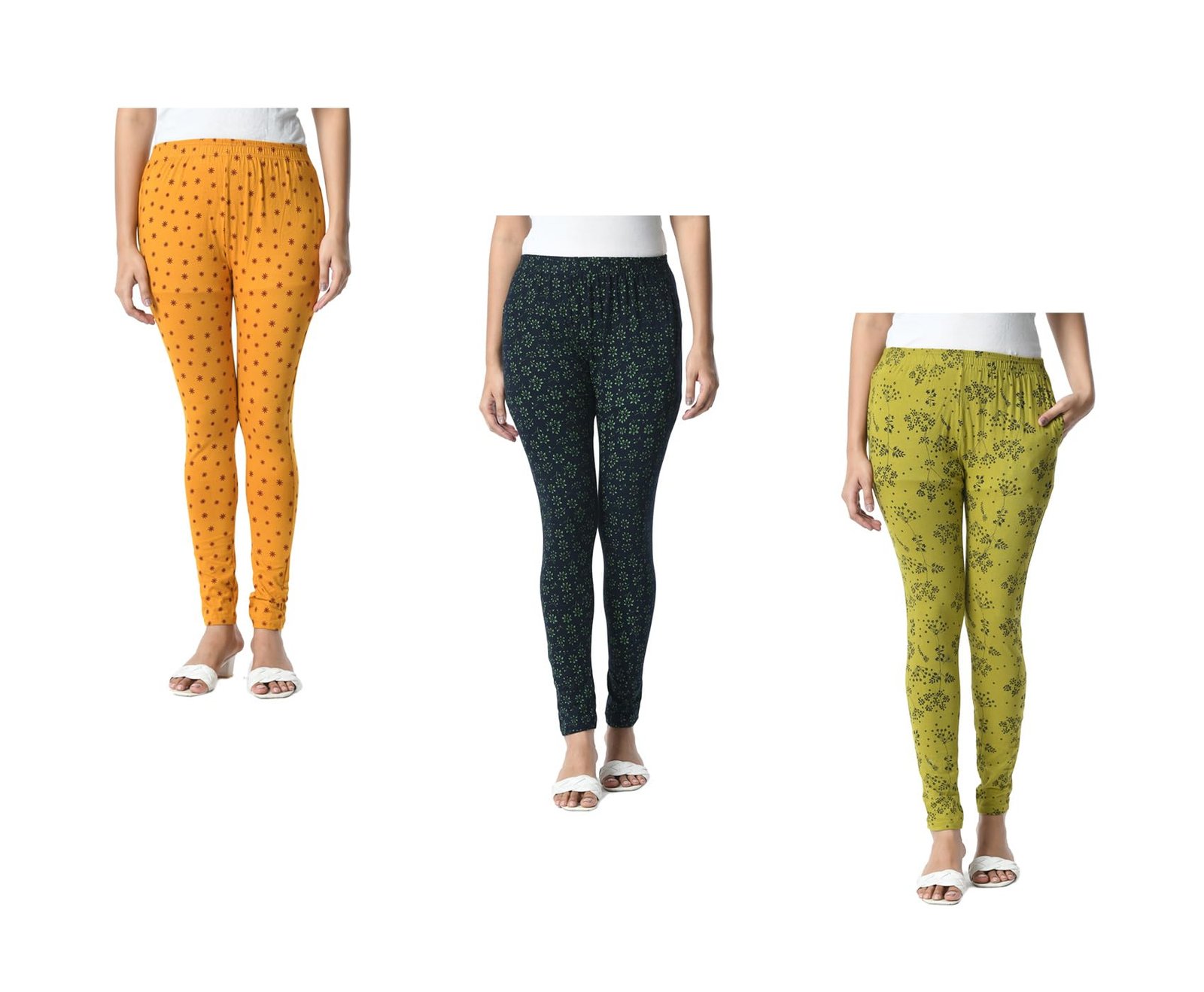 Women Cotton Printed Slim Side Pocket Leggings Pants (Pack of 3) Mustard,Bottle Green,Olive
