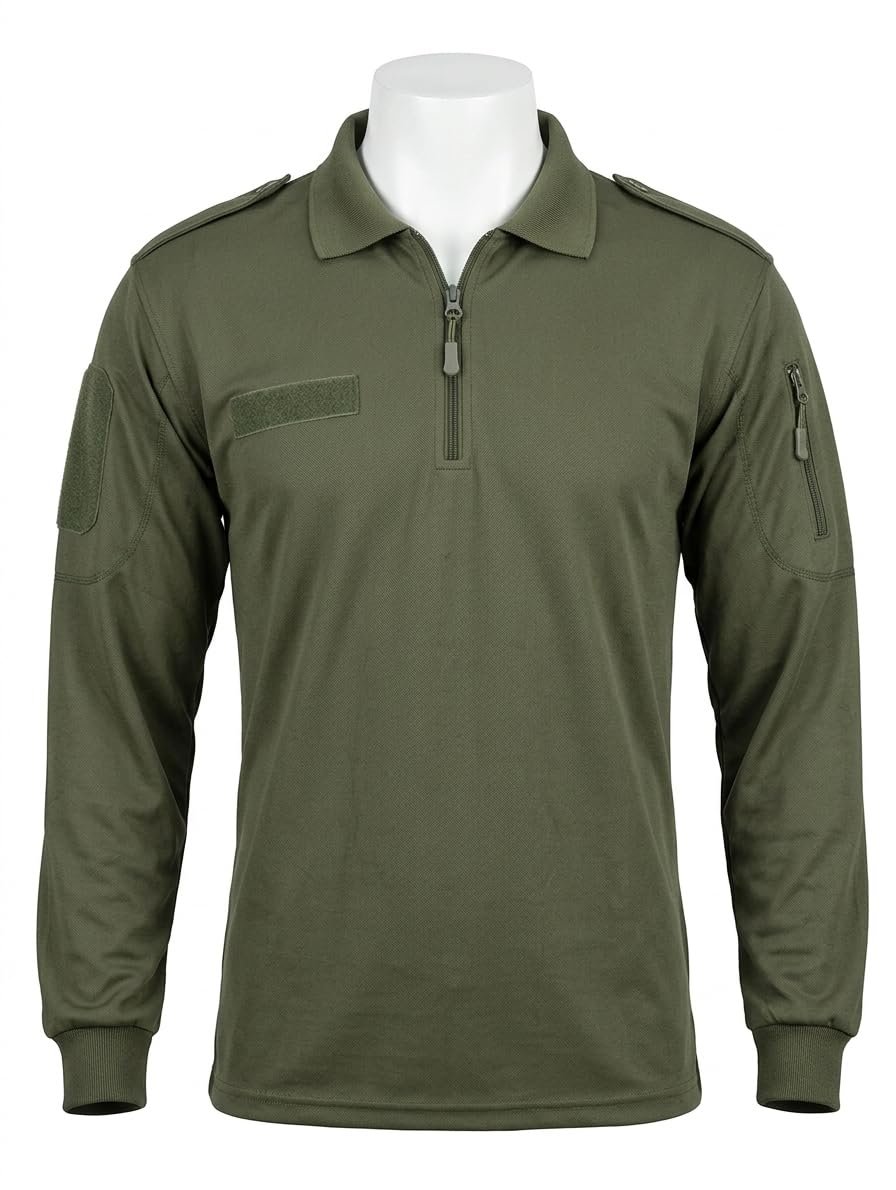 Military Inspired Tactical Polo T-Shirt for Men | Olive Green Full Sleeve Cotton Blend Army Style Outdoor Training Tee with Utility Pocket (in, Numeric, 42, Regular) - Image 5