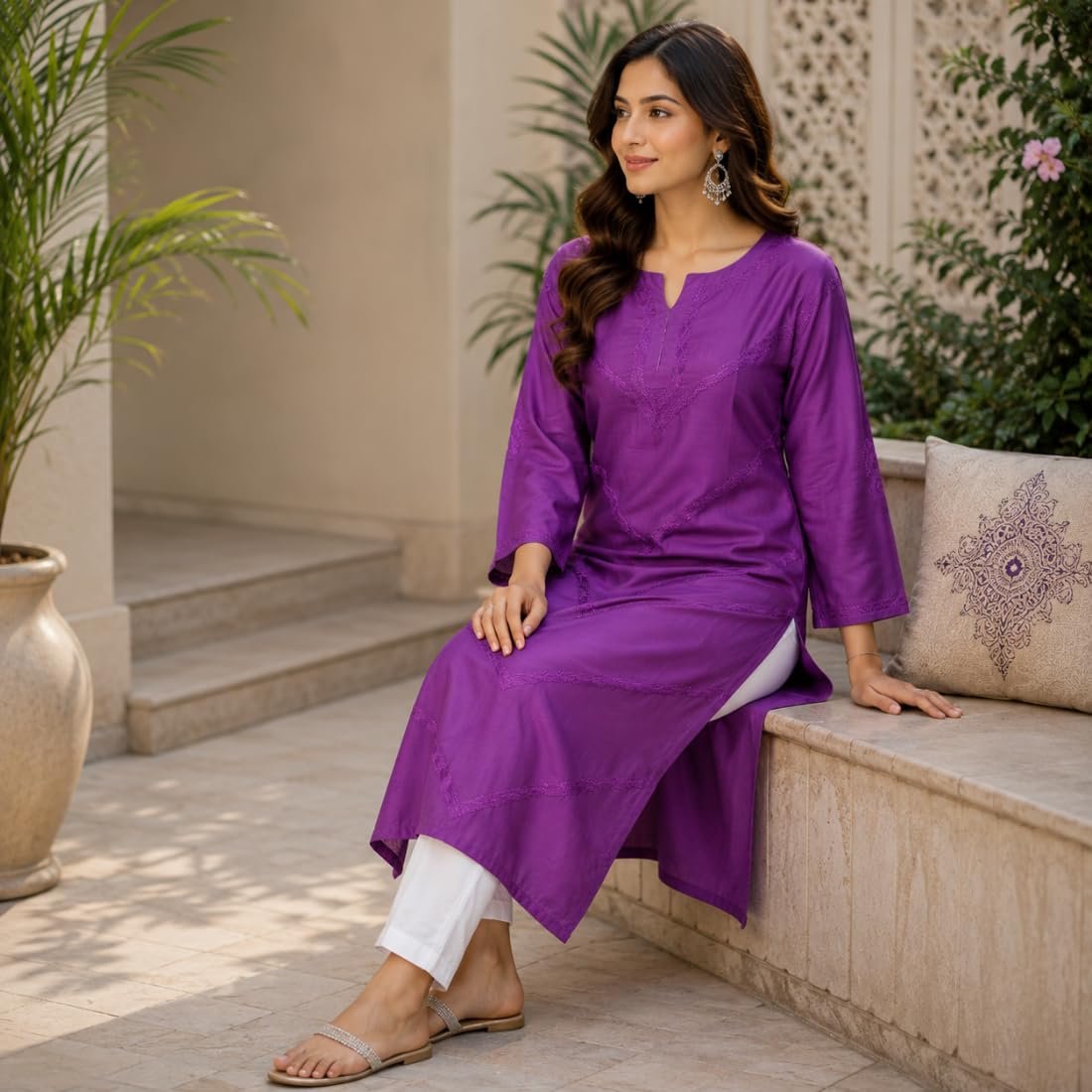 Women's Purple Maslin Kurti with Chikankari Hand Embroidered V Pattern, Long Sleeves, Casual Wear (in, Alpha, Regular, Purple) - Image 3