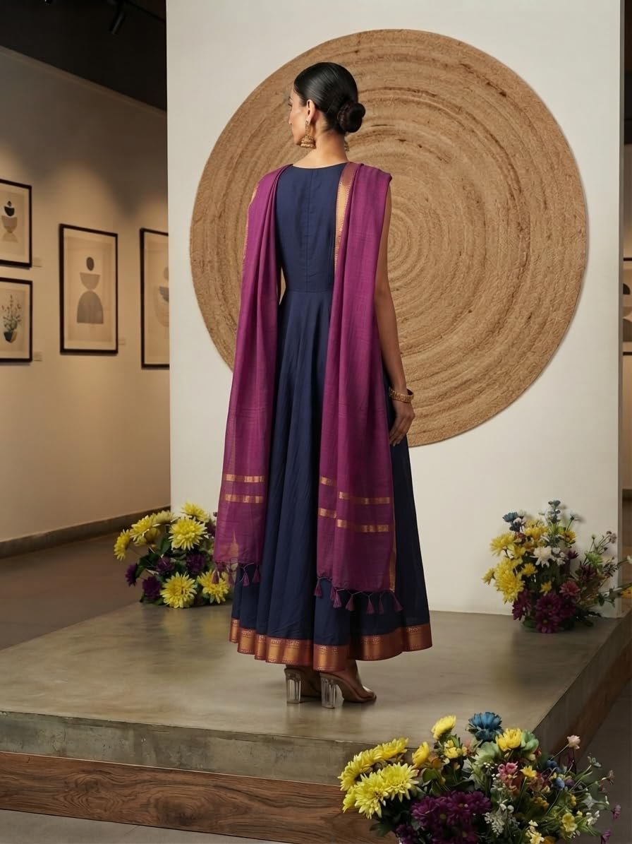 Women's Beautiful Kanchi Cotton with Jacquard Less with Embroidery Gownn & Dupatta Set Anarkali Gown3/4 Sleeve with Less Ethnic Gown and Dupatta Set Gown (in, Alpha, Regular, Women, Blue) - Image 2