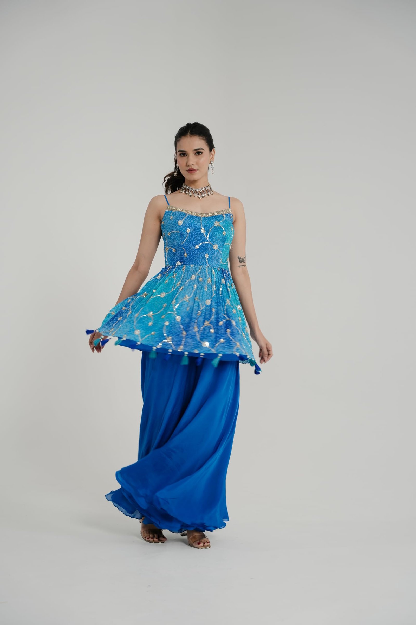 Designer Blue Palazzo Set with Embellished Short Kurti, Tassel Details, Sleeveless Top with Flared Pants (IN, Alpha, 2XL, Regular, Blue) - Image 5