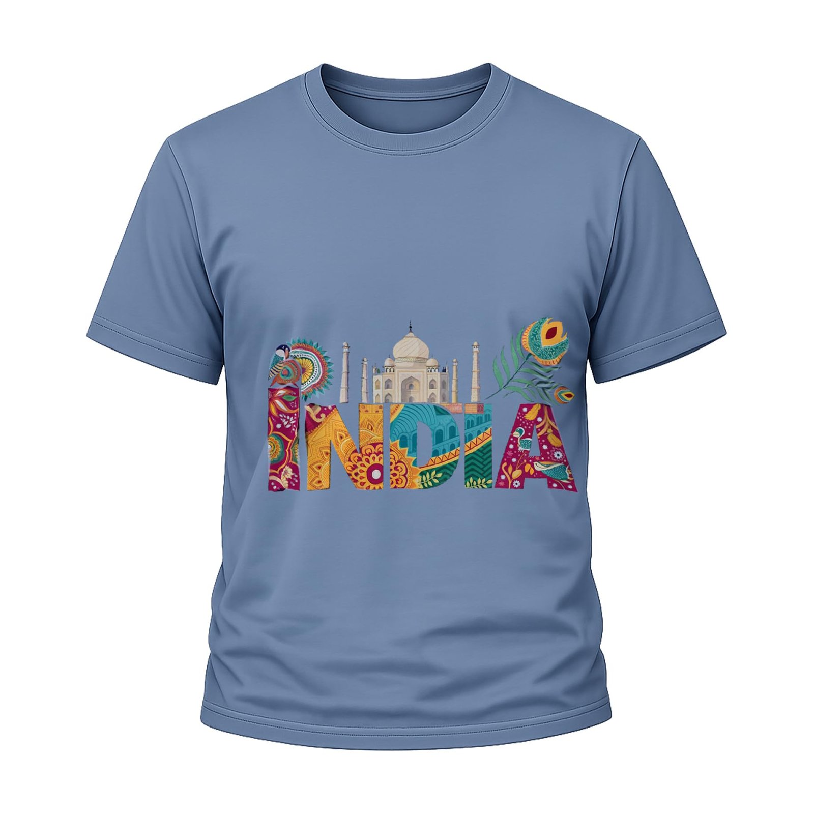 TrendLane India Heritage HD Graphic Printed Patriotic T-Shirt for Men | Taj Mahal & Peacock Feather Tee (in, Alpha, Regular, Blue)