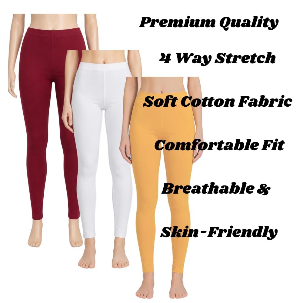 Women's Soft Cotton Stretch Fabric Leggings | Churidar Style, Indian Ethnic Wear Ultrasoft & Skin-Friendly, 4-Way Stretch Combo Legging Set | Pack of 3 (in, Alpha, 3XL, Regular, White, Sandel, Maroon) - Image 3