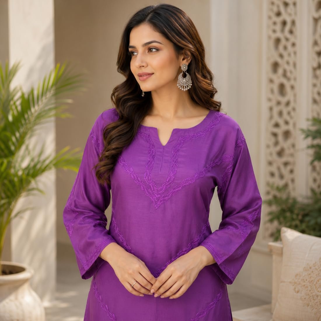 Women's Purple Maslin Kurti with Chikankari Hand Embroidered V Pattern, Long Sleeves, Casual Wear (in, Alpha, Regular, Purple) - Image 4