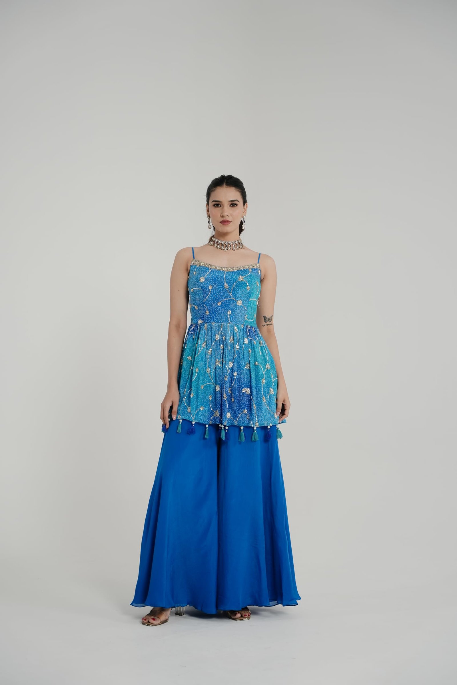 Designer Blue Palazzo Set with Embellished Short Kurti, Tassel Details, Sleeveless Top with Flared Pants (IN, Alpha, 2XL, Regular, Blue) - Image 3