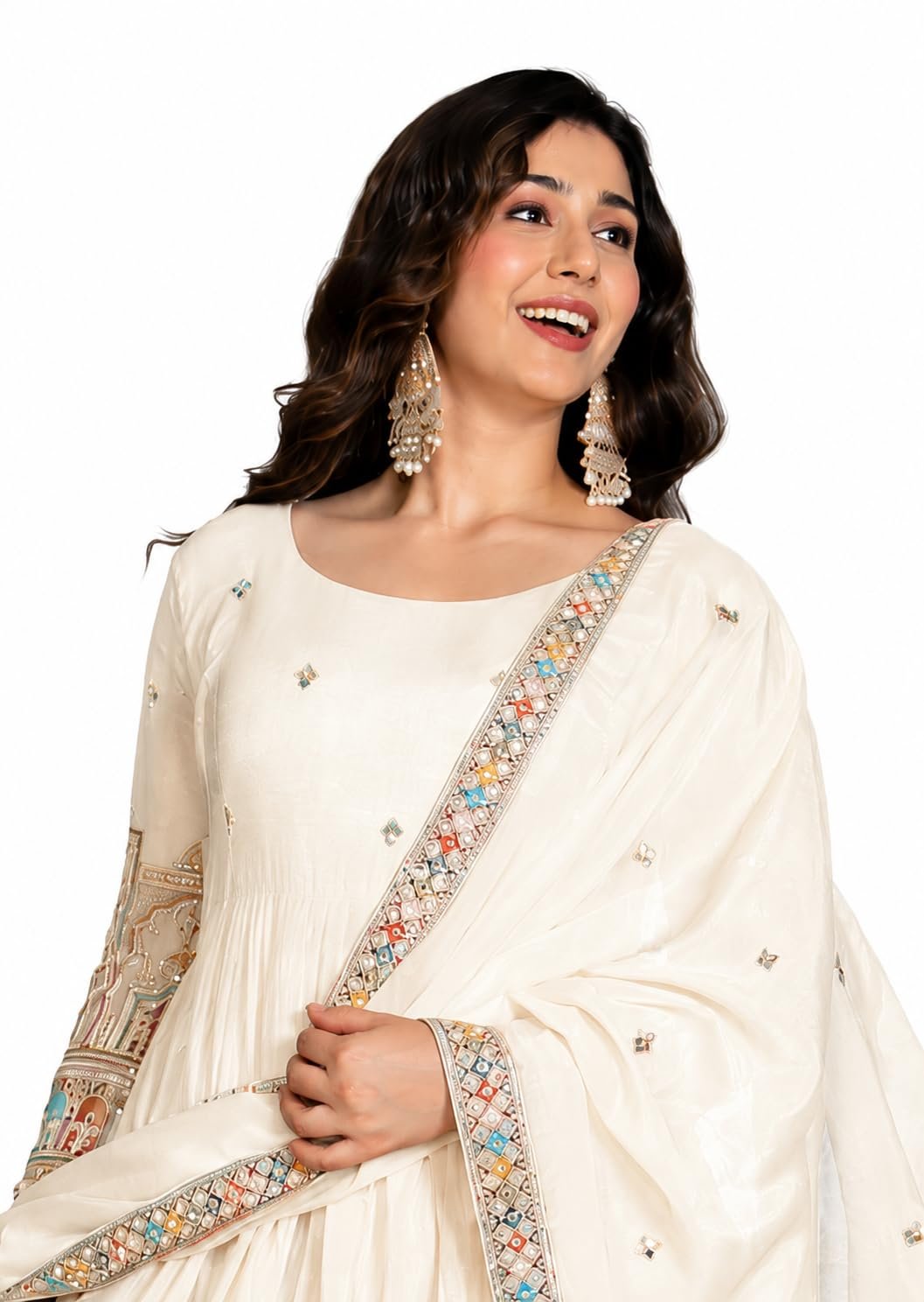 Girl's Fashion Hub's Navy Blue Color Anarkali Gown with Dupatta, Gold Embroidery, Ethnic Wear for Women (in, Alpha, 3XL, Regular, Off White) - Image 4