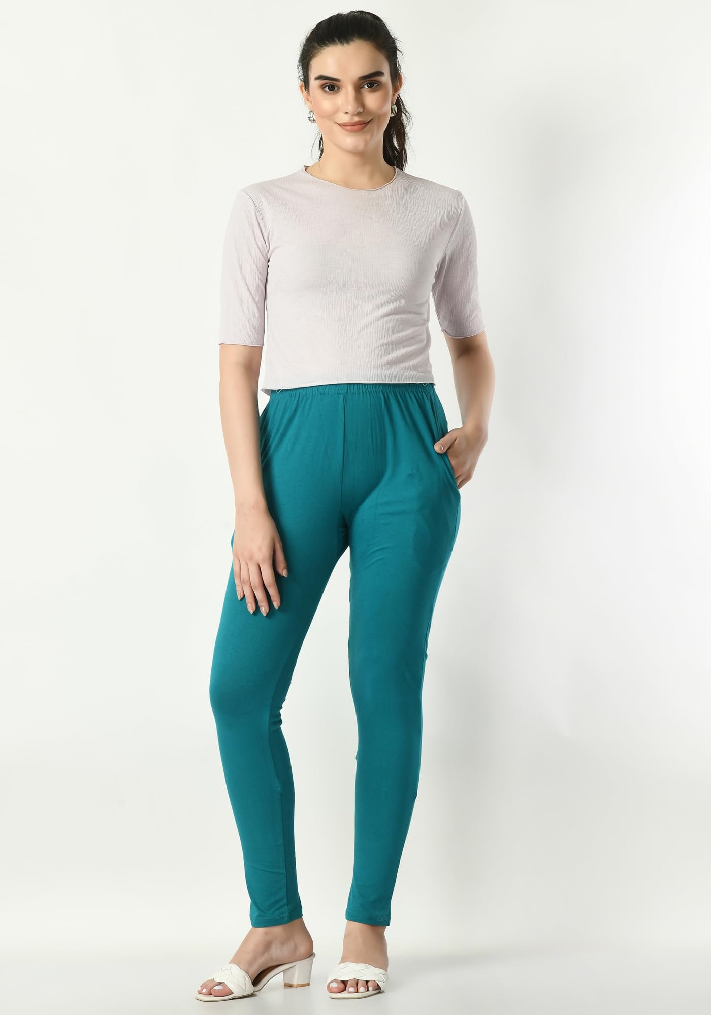 Womens Solid Side Pocket Soft Cotton Stretchable Leggings (Pack of 2) Green,Mehndi - Image 2