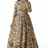 Women's Dhanna Fashion Floral Print Anarkali Maxi Dress, Cream, 3/4 Sleeves, Flared Ethnic Gown (in, Alpha, 2XL, Regular, Brown Bear)