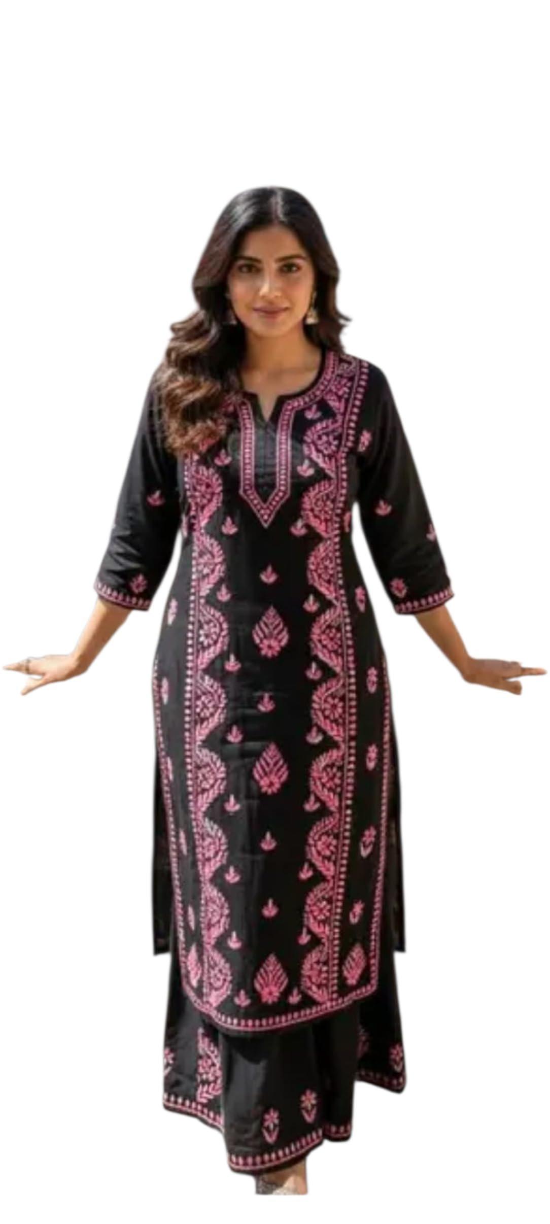 Lucknowi Chikankari Kurti Pant Set, Georgette, A-Line Style, 3/4 Sleeve, Round Neck, Embroidered, Women's Ethnic Wear