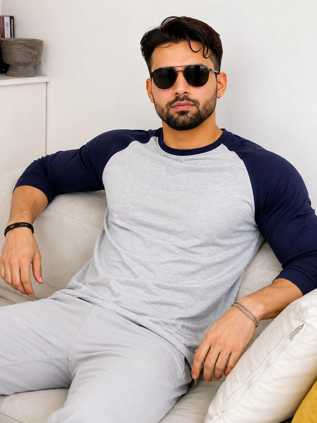 HIMAALAYAN Men's Raglan Full Sleeve T-Shirt Grey Melange & Navy - Image 3