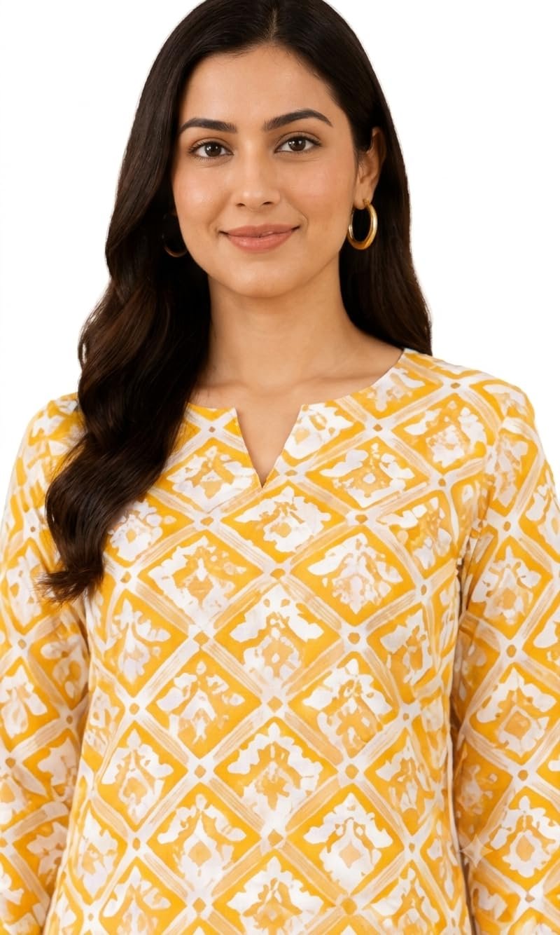 Women's Cotton Cambric Printed Short Kurti | Regular Fit | 3/4 Sleeve | Casual Ethnic Top (in, Alpha, Regular, Yellow) - Image 2
