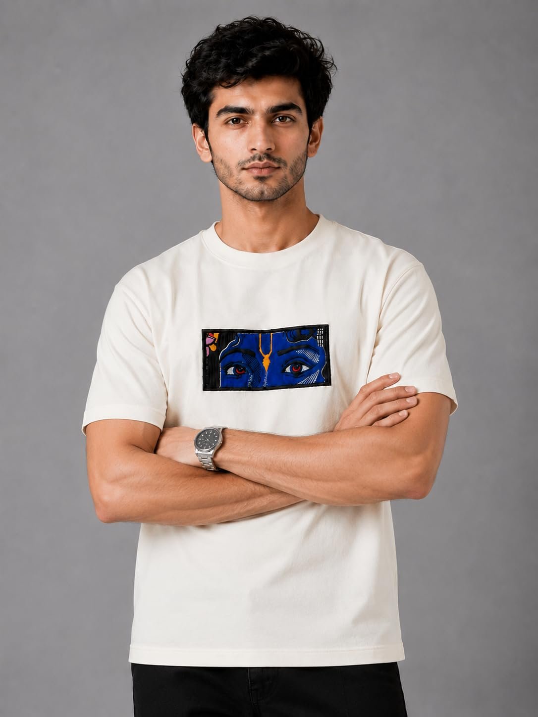 Men’s Pure Heavy Cotton T-Shirt with Embroidery Graphic Design, Premium Crew Neck Half Sleeve Regular Fit Casual Streetwear Tee for Men (in, Alpha, Off White) - Image 4