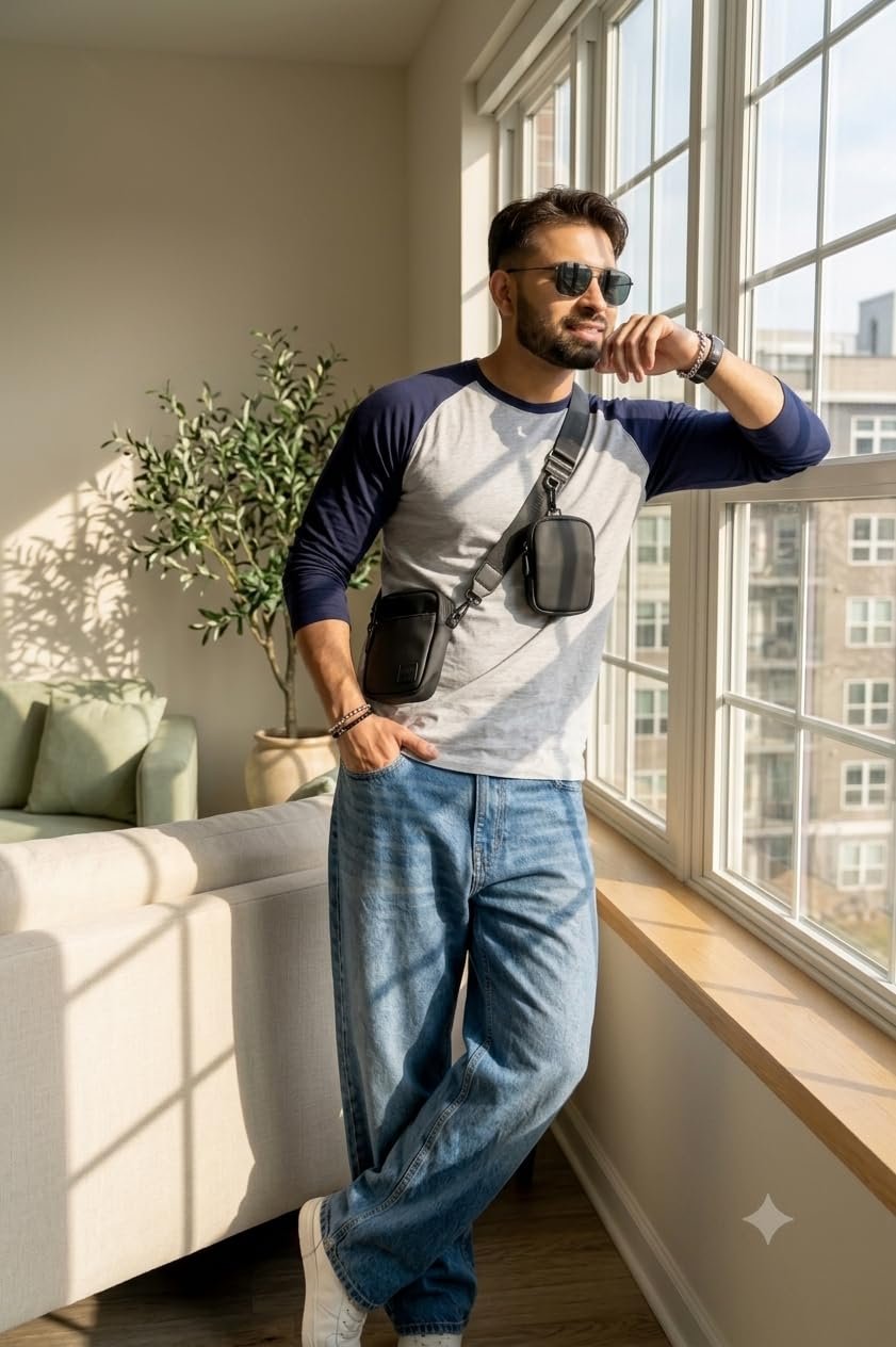 HIMAALAYAN Men's Raglan Full Sleeve T-Shirt Grey Melange & Navy - Image 6
