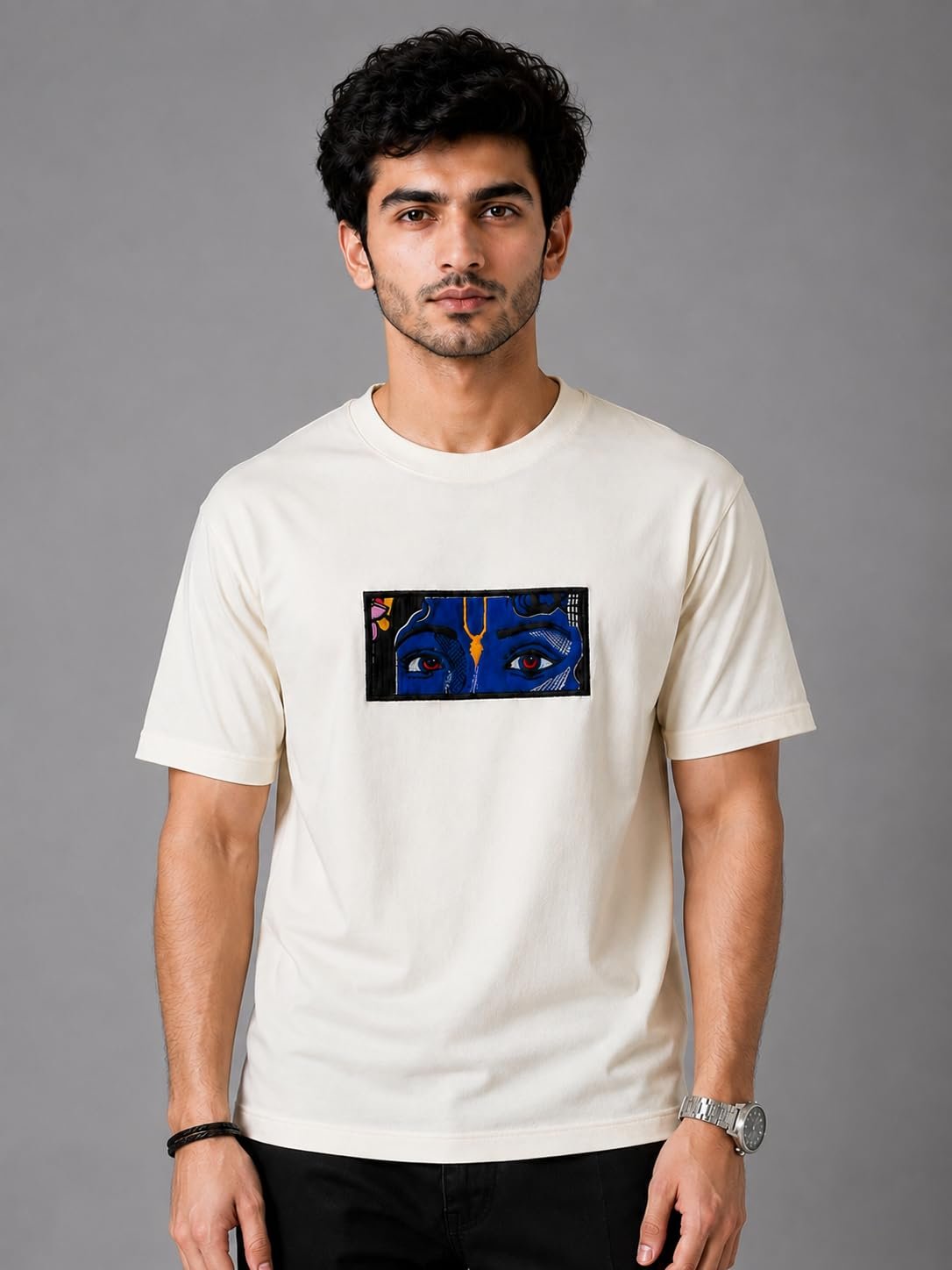 Men’s Pure Heavy Cotton T-Shirt with Embroidery Graphic Design, Premium Crew Neck Half Sleeve Regular Fit Casual Streetwear Tee for Men (in, Alpha, Off White) - Image 2