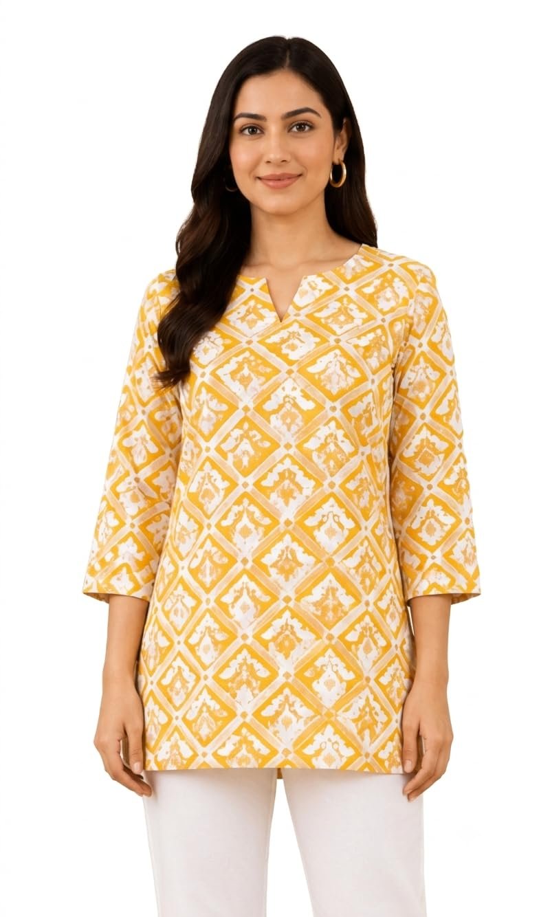 Women's Cotton Cambric Printed Short Kurti | Regular Fit | 3/4 Sleeve | Casual Ethnic Top (in, Alpha, Regular, Yellow)