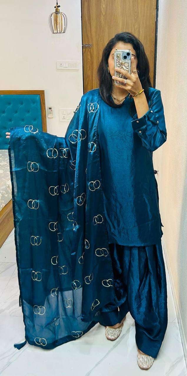 Women's Fendi Silk Solid Muslim Straight Kurti with Pant and Dupatta Set (Blue) - Image 8