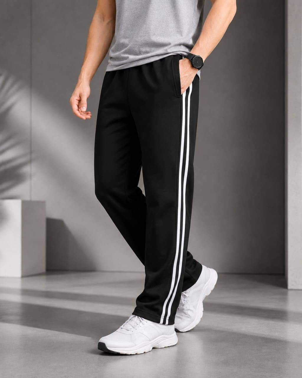 Men's Black Track Pants with White Side Stripes - Image 3