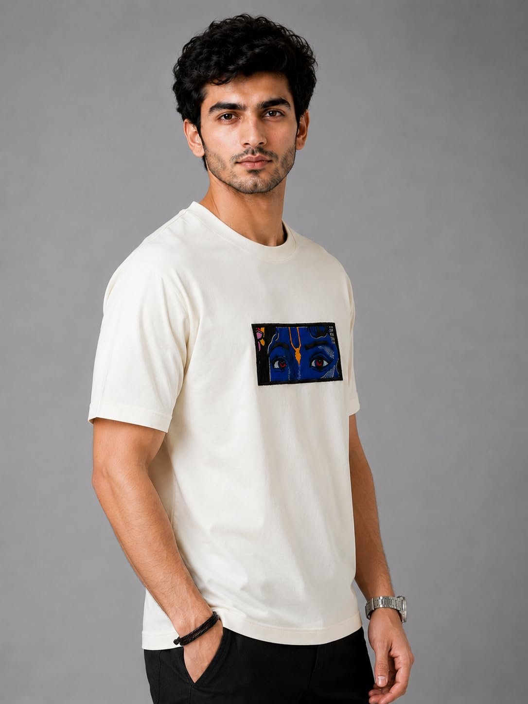 Men’s Pure Heavy Cotton T-Shirt with Embroidery Graphic Design, Premium Crew Neck Half Sleeve Regular Fit Casual Streetwear Tee for Men (in, Alpha, Off White) - Image 3