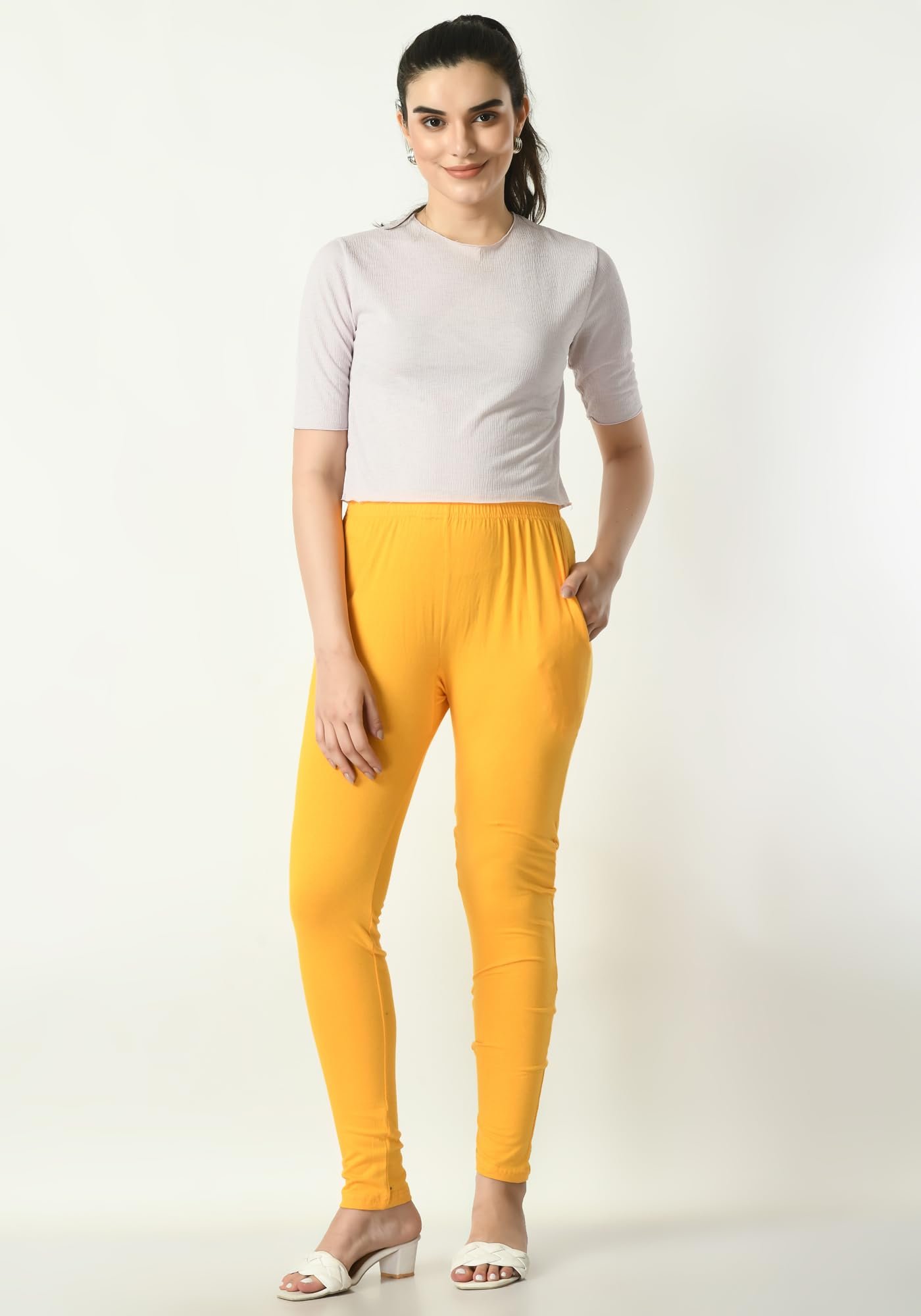 Womens Solid Side Pocket Soft Cotton Stretchable Leggings (Pack of 2) Yellow,Mehndi - Image 2