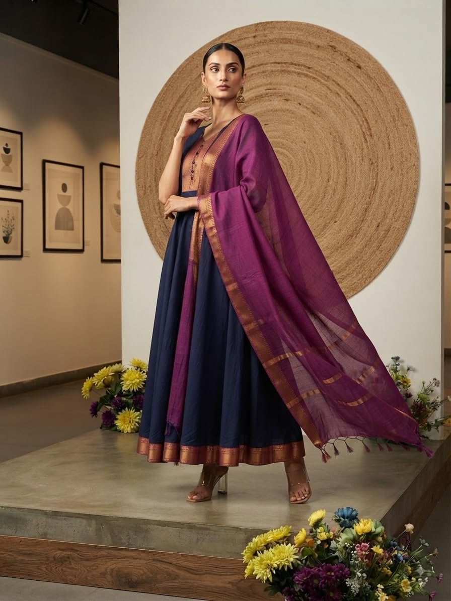 Women's Beautiful Kanchi Cotton with Jacquard Less with Embroidery Gownn & Dupatta Set Anarkali Gown3/4 Sleeve with Less Ethnic Gown and Dupatta Set Gown (in, Alpha, Regular, Women, Blue) - Image 3