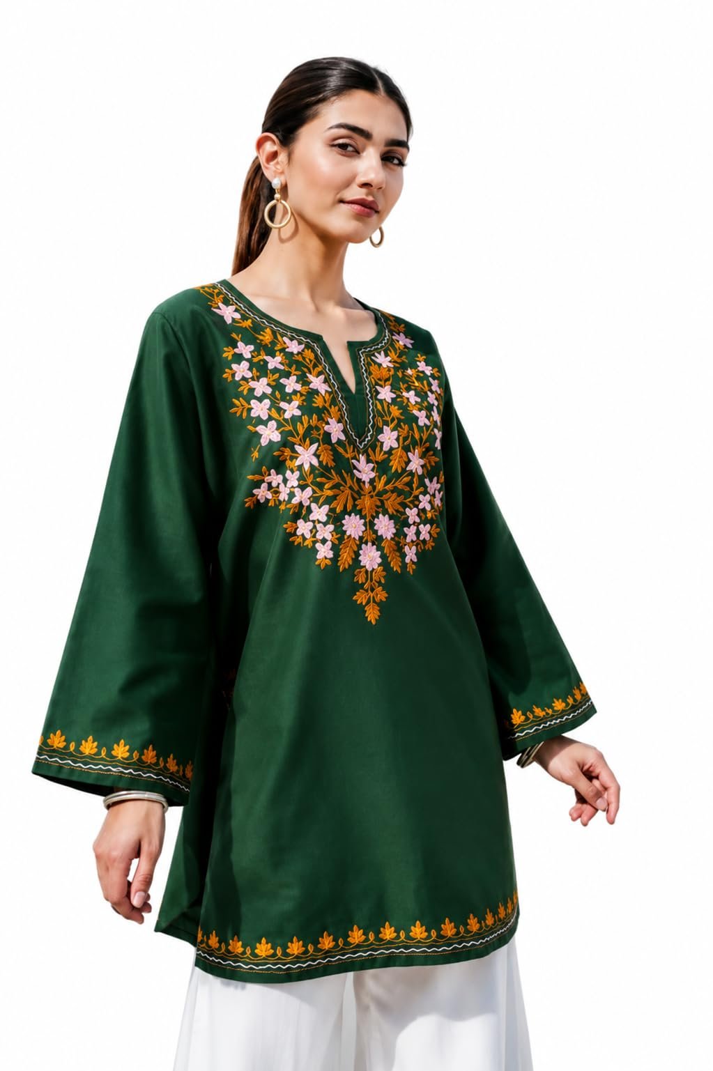 Women's Embroidered Kurti with Floral Design (in, Alpha, Regular, Green)